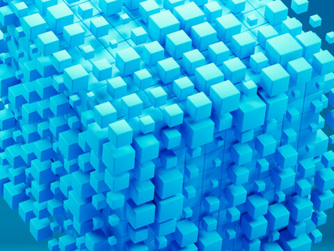 A digital 3d rendering of clustered blue cubes forming an abstract