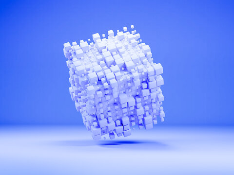 A 3d abstract white cube made of smaller cubes floating on blue