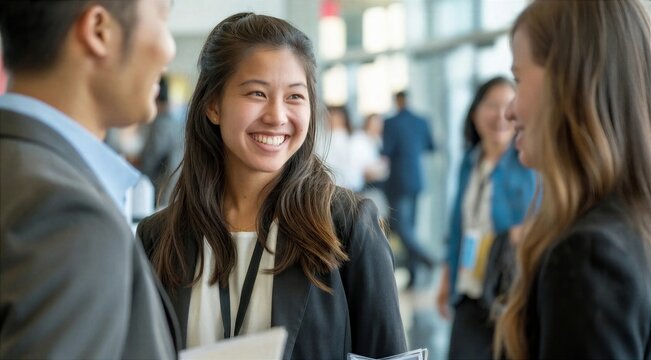 Smiling Businesswoman in Group Conversation at Corporate Event