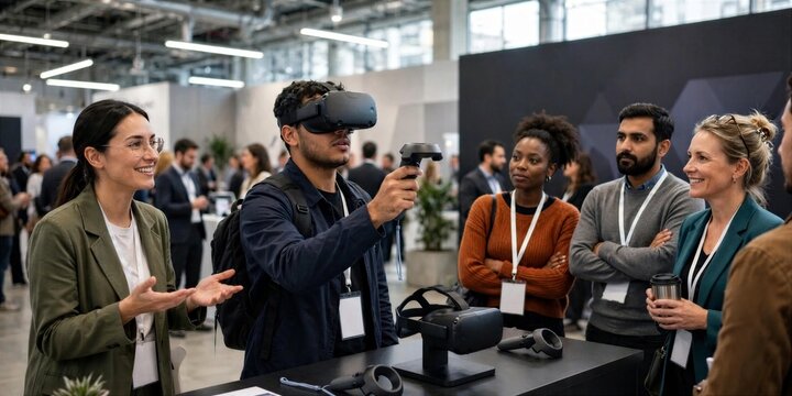Attendees Testing Virtual Reality Headset at Technology Expo