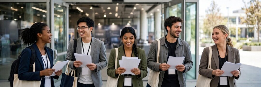 Business Team Walking Outdoors With Conference Papers