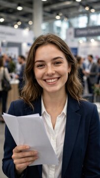 Businesswoman Holding Documents at Professional Conference