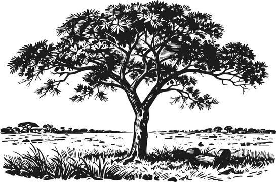 black and white engraving of a solitary tree in a grassy landscape with distant bushes