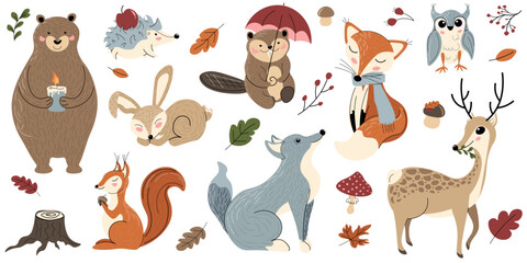 Obraz premium Cute autumn woodland animals clip art set. Bear, fox, deer, beaver, rabbit, hedgehog, squirrel, owl and wolf. Forest friends collection. Ideal for nursery and fall designs. Hand drawn vector graphic.