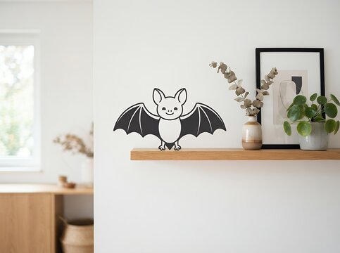 Cute cartoon bat sticker on a white wall above a wooden shelf.