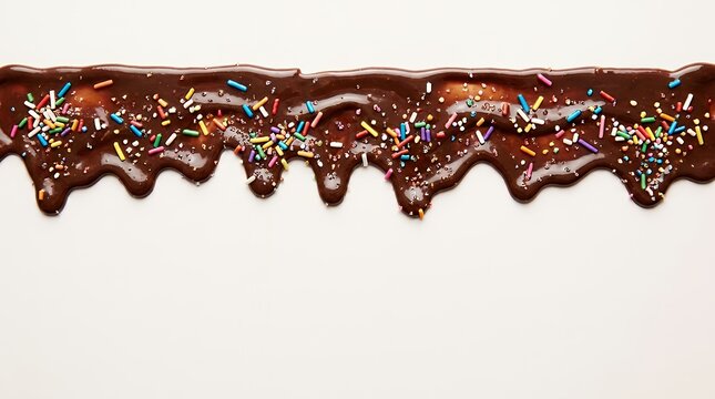 Rich Cocoa Drizzle With Rainbow Jimmies Upper Border Framing Flat of melting dessert topping with sugary specks creating a top edge pattern chocolate sauce sprinkles topping border seamless ice cream