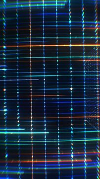 Vertical digital mesh pulses with chromatic pixel nodes inside a dark 3D animation motion loop ideal for mobile game interfaces and tech screens