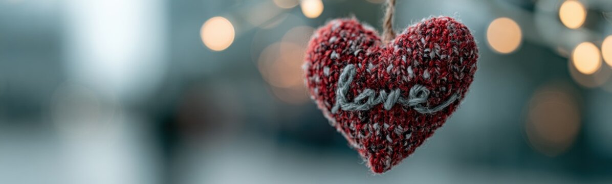 Red heart hanging from a string with the word love love background
