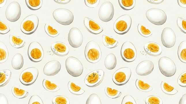 Hand Drawn Farm Fresh Eggs Pattern On Neutral Surface Watercolor seamless pattern featuring whole and sliced boiled eggs with rich yellow yolks watercolor seamless pattern egg eggs chicken food yolk