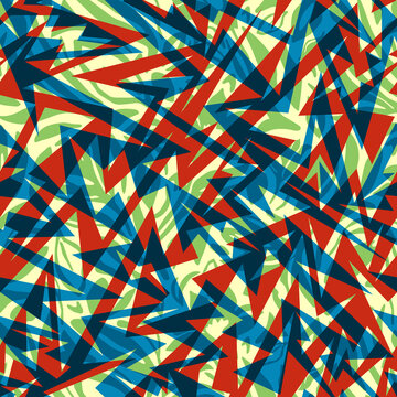 Abstract sports camouflage seamless pattern, sharp geometric red and blue triangles with lime green camo background for activewear