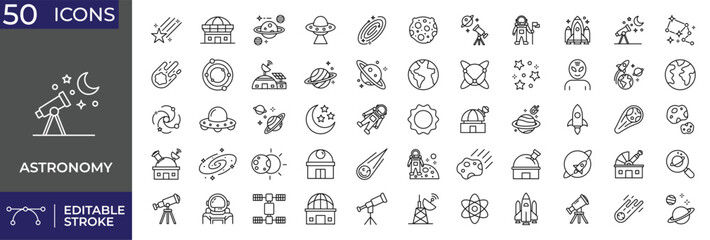 Astronomy icons set. Includes symbols of planets, stars, telescope, galaxy, and space exploration. Editable stroke. Vector illustration. Outline icons. Perfect for science. © Premium Icons 