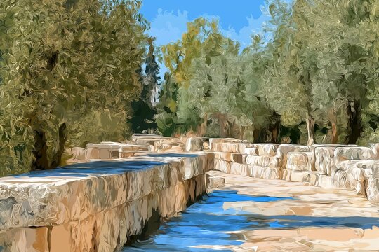 Posterized Stone Pathway with Olive Trees and Water Channel 