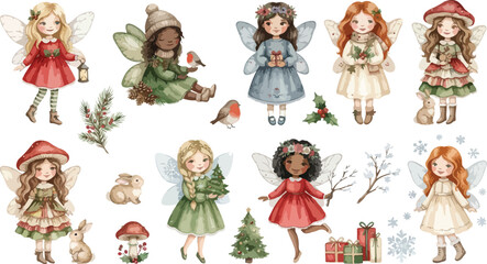 Fototapeta premium Set of cute watercolor fairies wearing winter clothing and festive christmas outfits isolated on a white background for holiday design projects