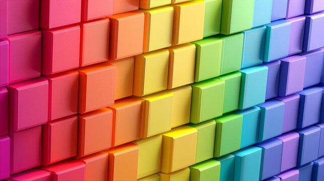 abstract background featuring perfectly aligned handcrafted ceramic square tiles arranged in a seamless vertical rainbow gradient