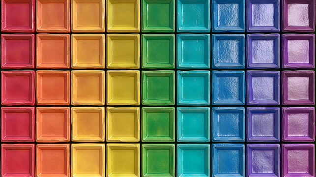 abstract background featuring perfectly aligned handcrafted ceramic square tiles arranged in a seamless vertical rainbow gradient