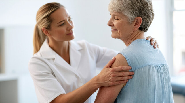 female physical therapist carefully examining the painful shoulder of a middle-aged woman inside a modern rehabilitation clinic