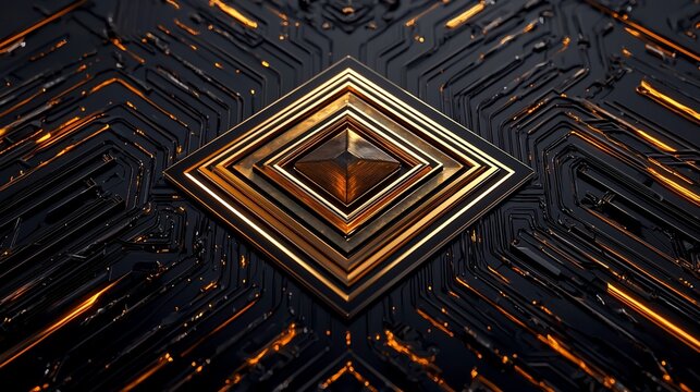 Abstract gold diamond gem on dark circuit board.