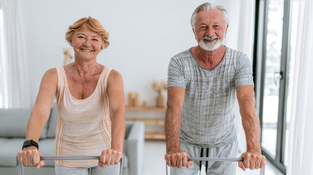 active senior couple performing resistance band exercises together in a bright Scandinavian living room, authentic smiles