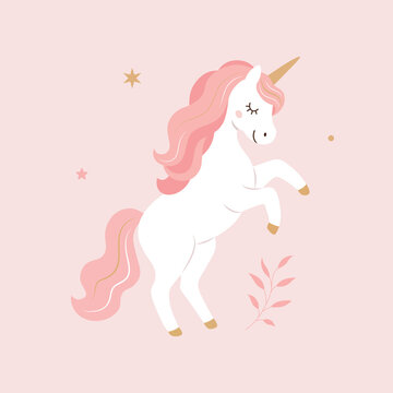 Standing unicorn illustration with a pink mane and tail, golden horn, and pastel colors. Magical fantasy character resting peacefully, ideal for nursery decor, children&rsquo;s designs, stickers, and print