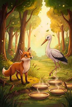 A red fox and a white stork looking at shallow bowls of steaming soup in a whimsical forest clearing