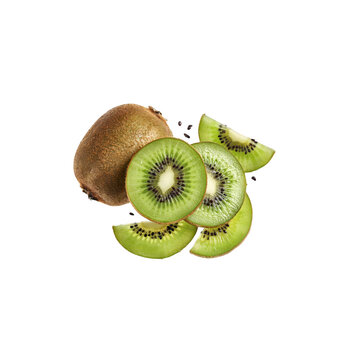 A whole fresh kiwi fruit next to several sliced pieces arranged together on a solid black background, studio food of fruit