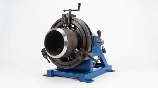 Heavy blue pipe beveling machine features precise metal cutting rotating jaws and mechanical handles for industrial steel tube preparation task setup