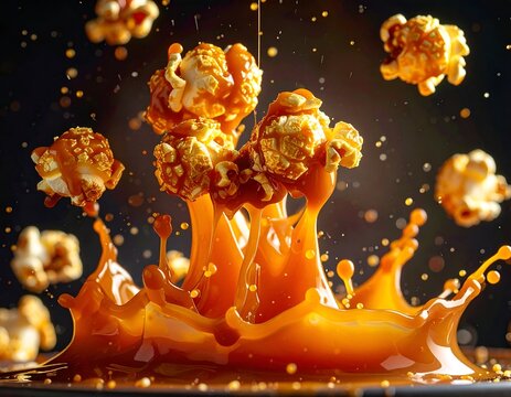 Caramel popcorn explosion, dynamic splash, kernels aloft, amber sauce