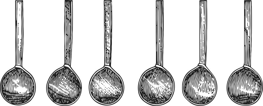 Set of six vintage wooden spoons hand drawn kitchen utensils collection retro cooking tools illustration