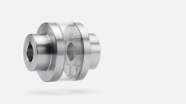 Shiny metallic industrial coupling features a transparent circular housing with steel inner components for high precision heavy machine rotating shafts