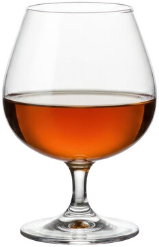 Brandy snifter with amber liquid on black background.