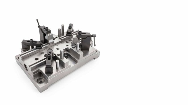 Precision machined metal industrial fixture jig with steel clamps and alignment pins for high quality manufacturing processes on white background