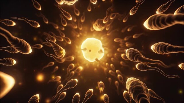 Dynamic Spermatozoa swarm, swimming towards a glowing ovum with pulsating light, cinematic depth of field, representing conception, fertility, life's beginning, and genetic biology
