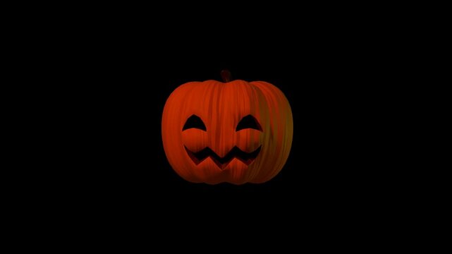A glowing orange jack o lantern rotates slowly against a transparent background, alternating between its carved halloween face and uncarved pumpkin side in a seamless 4K animation with alpha channel