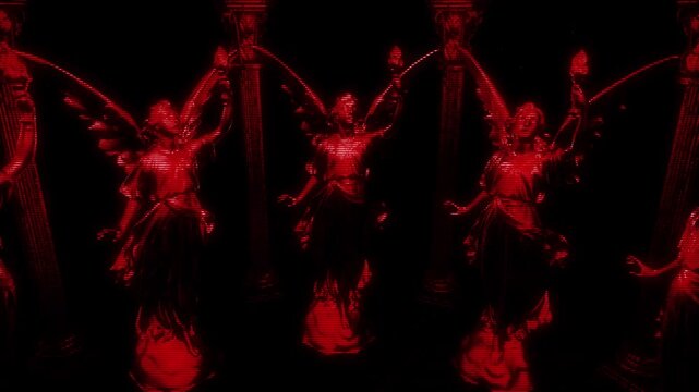 Futuristic red digitalized angel statues glow dramatically in a dark gothic environment.