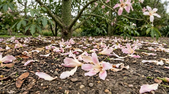 Dropped Pale Exotic Silk Floss Tree Petals Lying On Earth Ground Outer Environment Scene flower blossom floral petal bloom exotic fallen flora nature botanic plant tree ground outdoor natural