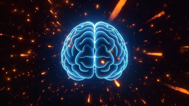 Glowing Blue Human Brain Visualization with Pulsating Orange Energy Burst Animation, Zooming Forward with Trailing Sparks, Representing Ideas, Neural Activity, and Cognitive Power