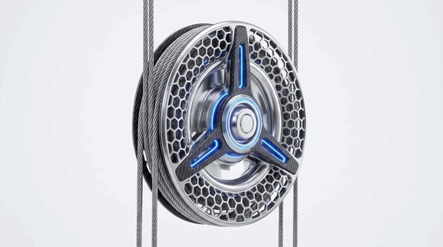 Futuristic metallic pulley wheel featuring a complex honeycomb structural design with glowing blue neon lighting and durable braided steel ropes