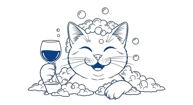 Smiling cat enjoying bubble bath with a wine glass.