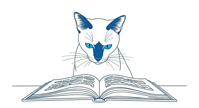 Siamese cat focused on reading a book.