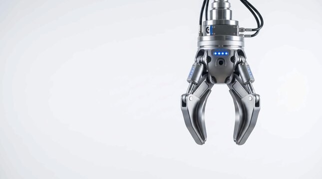 Industrial robotic claw arm featuring metallic mechanical design with glowing blue neon lights for advanced automated manufacturing and precision engineering tasks