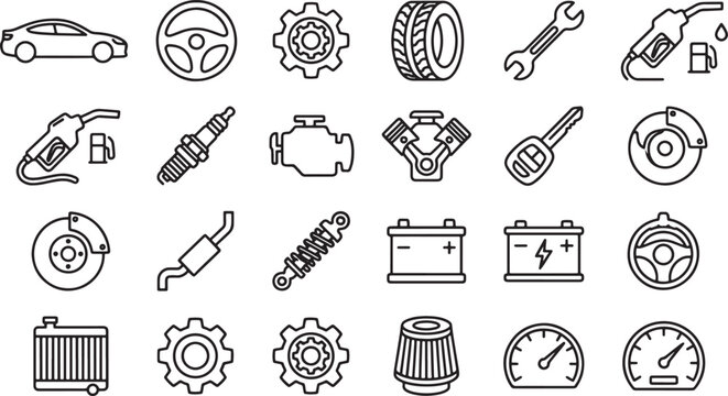 Set of automotive repair and car maintenance line icons for mechanical service and vehicle parts design