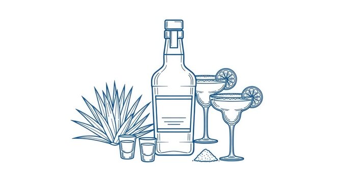 Tequila bottle with margarita glass and agave plant.
