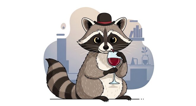 Cartoon raccoon wearing a bowler hat drinking red wine