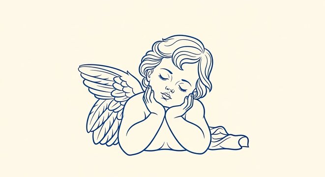 Sleeping baby angel cherub with wings line art.