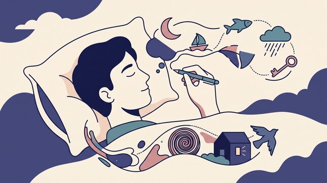 A person lying in bed holding a pen with floating dream symbols like a moon, boat, and key. It represents subconscious reflection and uncensored conversation with oneself. Useful for psychology.