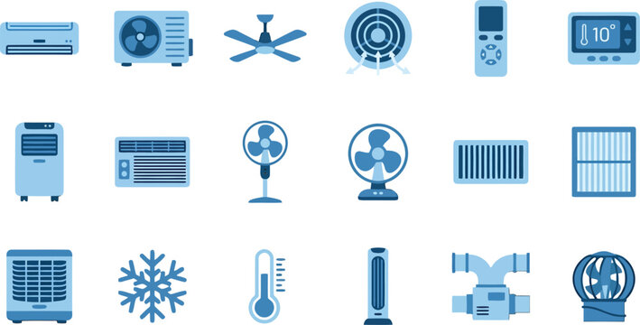 Set of blue flat vector icons representing various air conditioning and climate control ventilation equipment systems