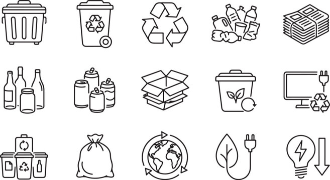 Set of fifteen black and white line art recycling and waste management icons for environmental design projects