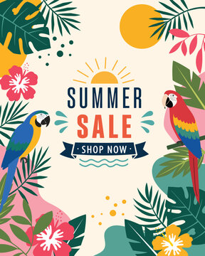 Summer Sale Tropical Parrots and Palm Trees Vector Poster