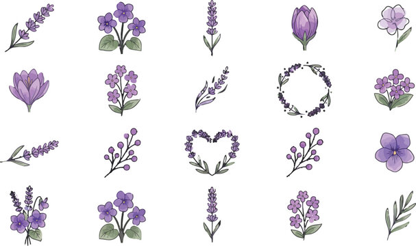 Set of hand drawn watercolor lavender flowers and purple floral elements for decorative design projects