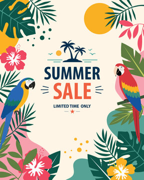Summer Sale Tropical Parrots and Palm Trees Vector Poster